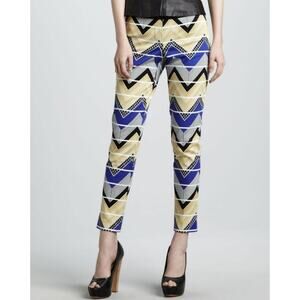 Trina Turk Monie Skinny Capri Pants Blue & Gold Herringbone Size 4